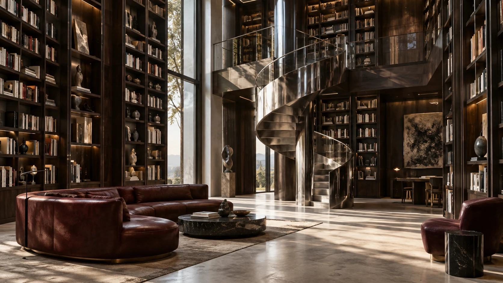 Double-height library with dark shelves, a metal staircase and burgundy seating