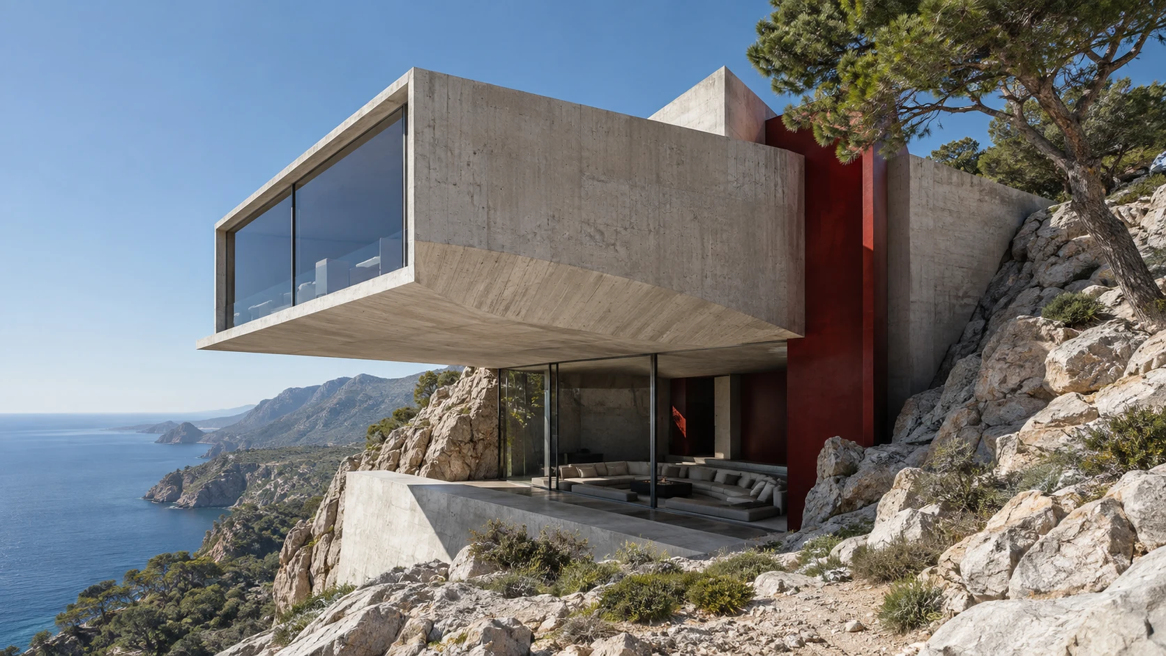 Concrete house embedded in rock with a red lightwell and expansive glazing