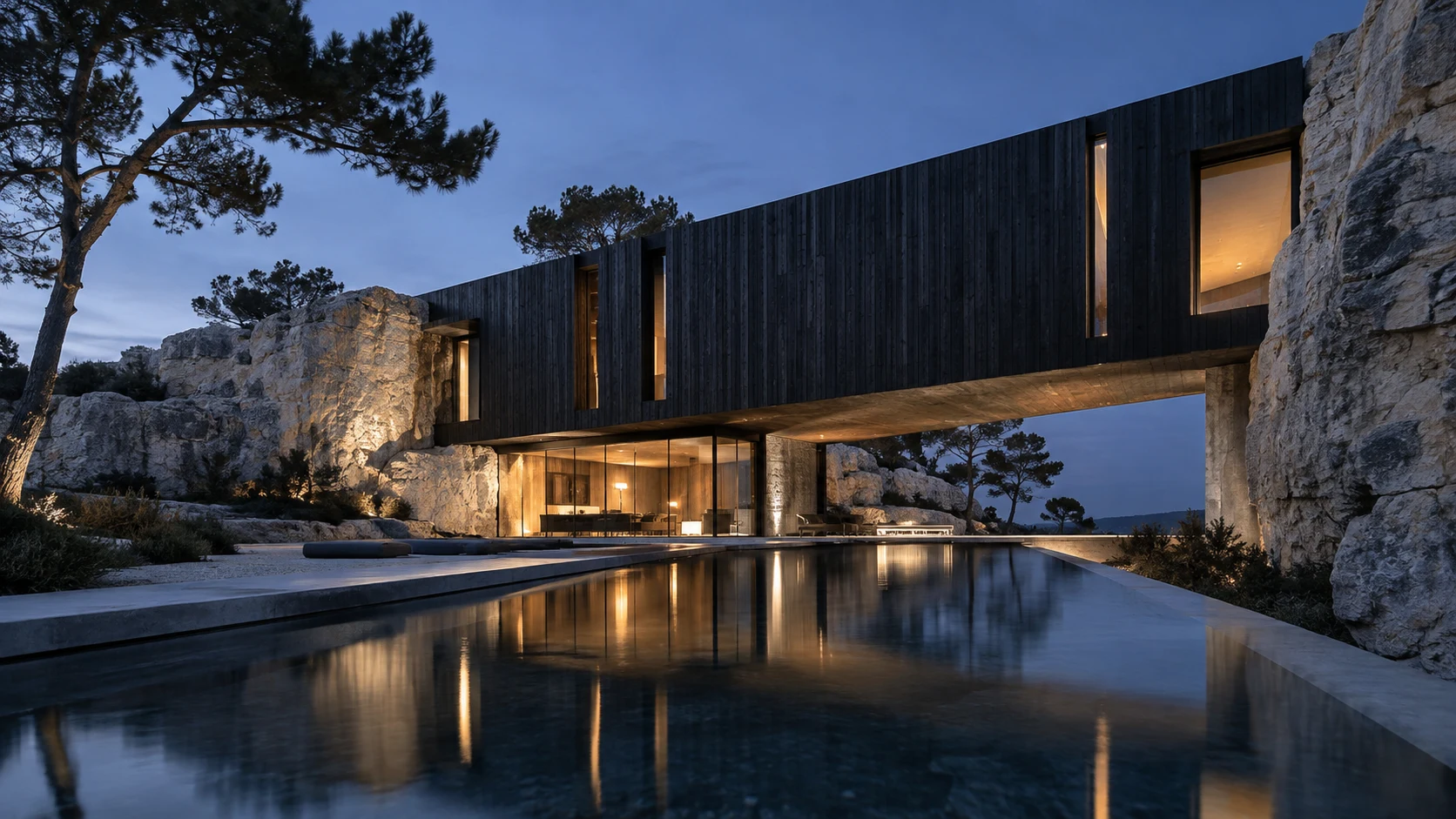 Dark timber villa bridging stone walls beside a reflecting pool at dusk