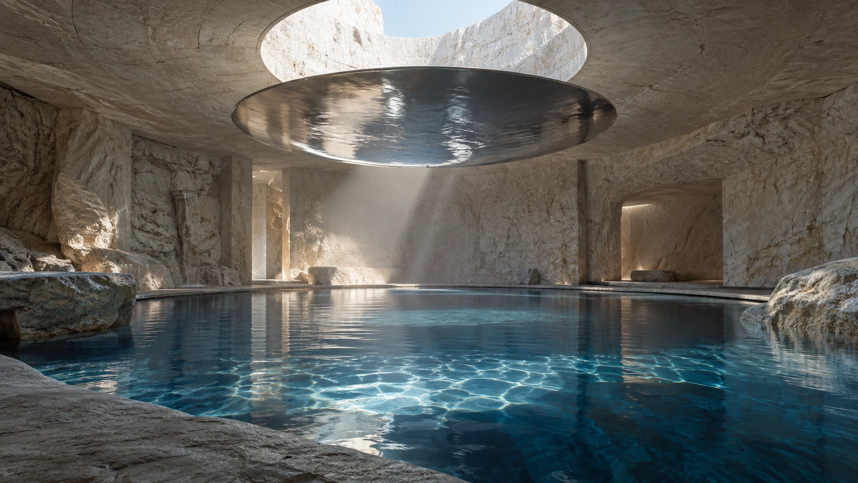Limestone bath with a circular roof opening, suspended steel disc and blue water