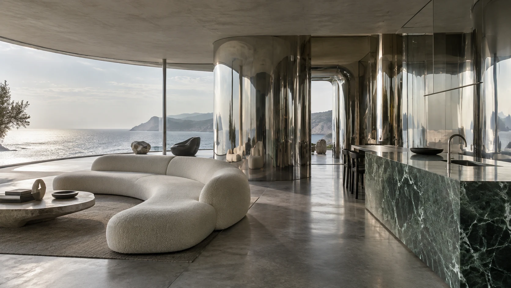 Penthouse with reflective curved steel walls, a sculptural sofa and green marble kitchen