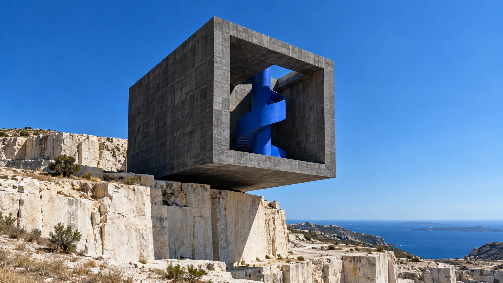 Concrete pavilion suspended over a Mediterranean quarry with a blue staircase