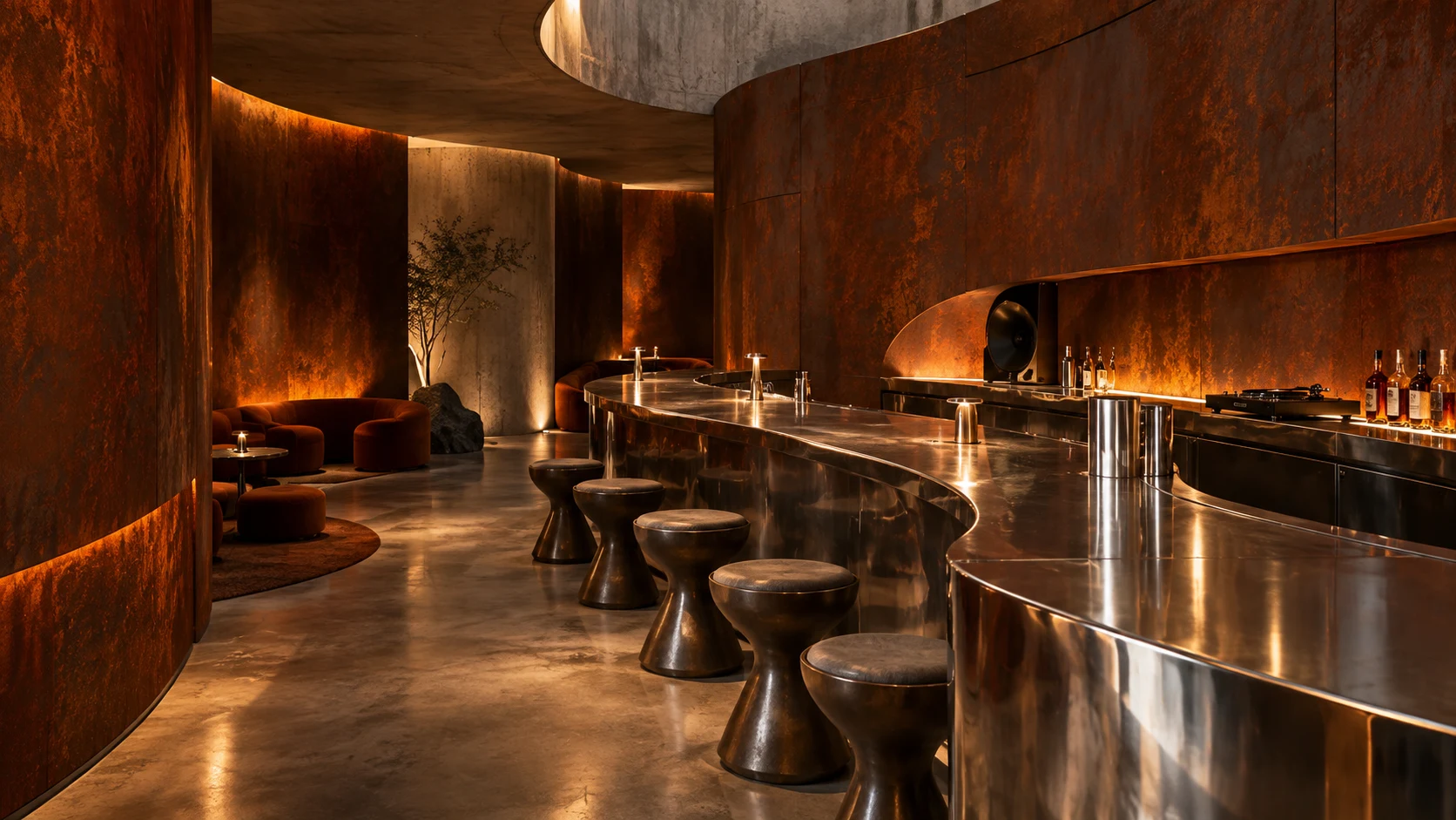 Listening bar with curved weathering-steel walls, reflective metal counter and warm lighting