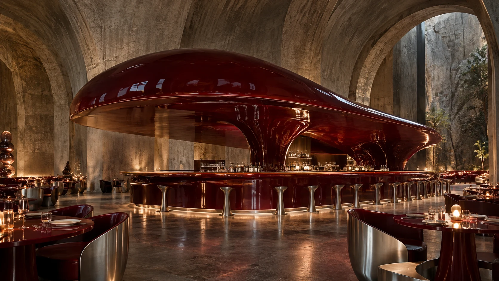 Restaurant with a glossy red sculptural bar beneath a concrete vault