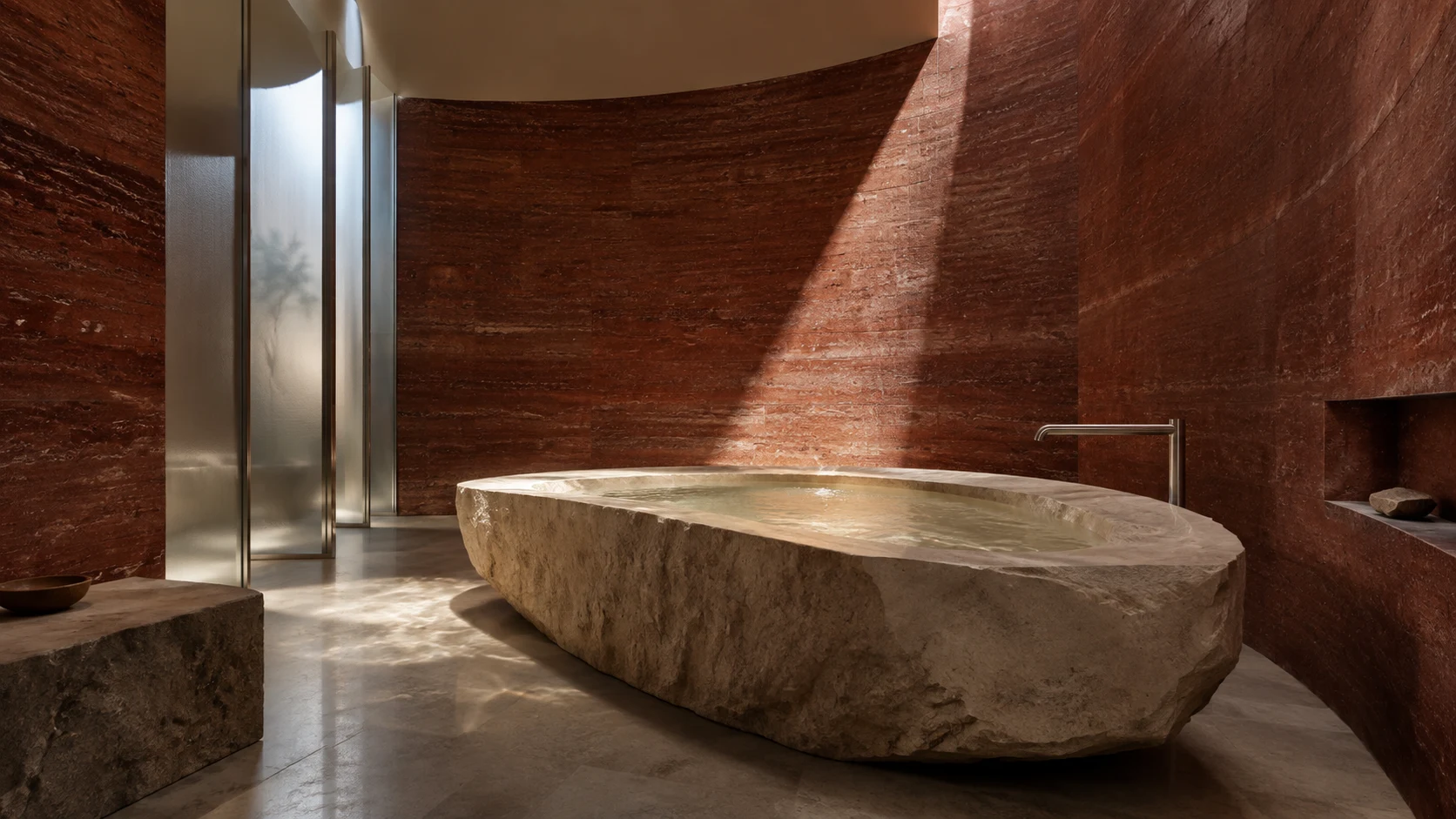 Spa with red travertine walls, a monolithic stone bath and a beam of sunlight