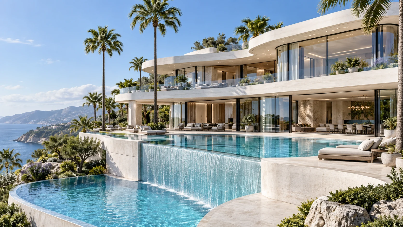 Villa Alba. White terraces above two levels of water.