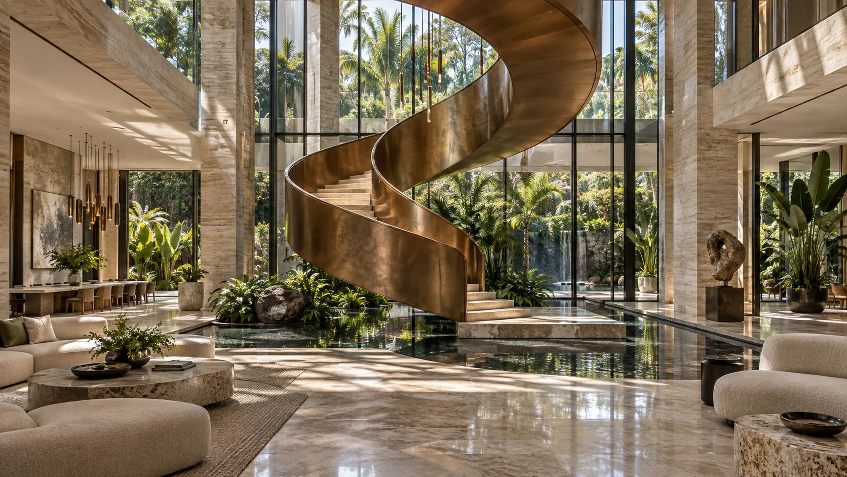 Villa Iris. A bronze spiral inside a luminous garden room.