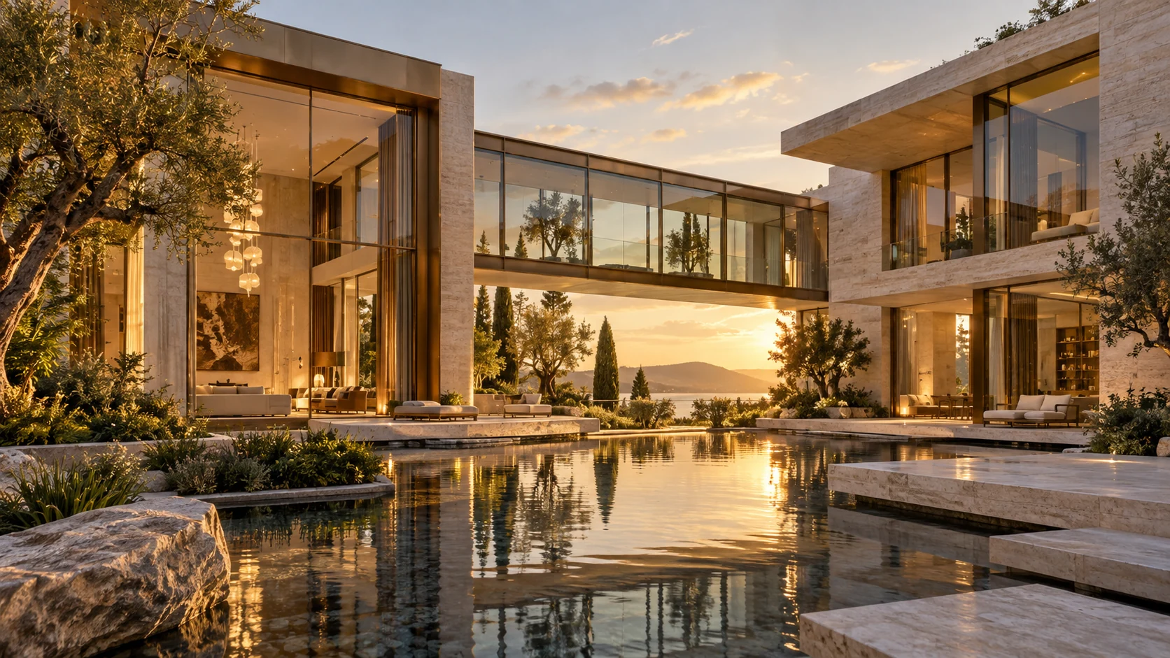 Villa Nexo. Two stone pavilions. One transparent connection.
