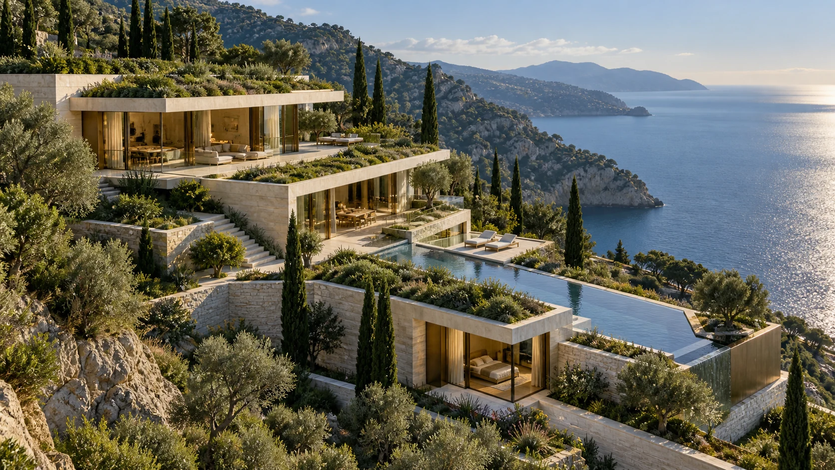 Villa Senda. Garden roofs stepping down a hillside.