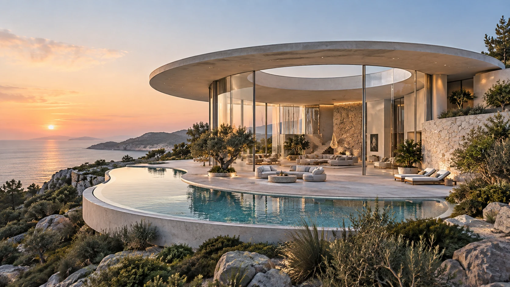 Villa Solara. A circular terrace beneath an open sky.