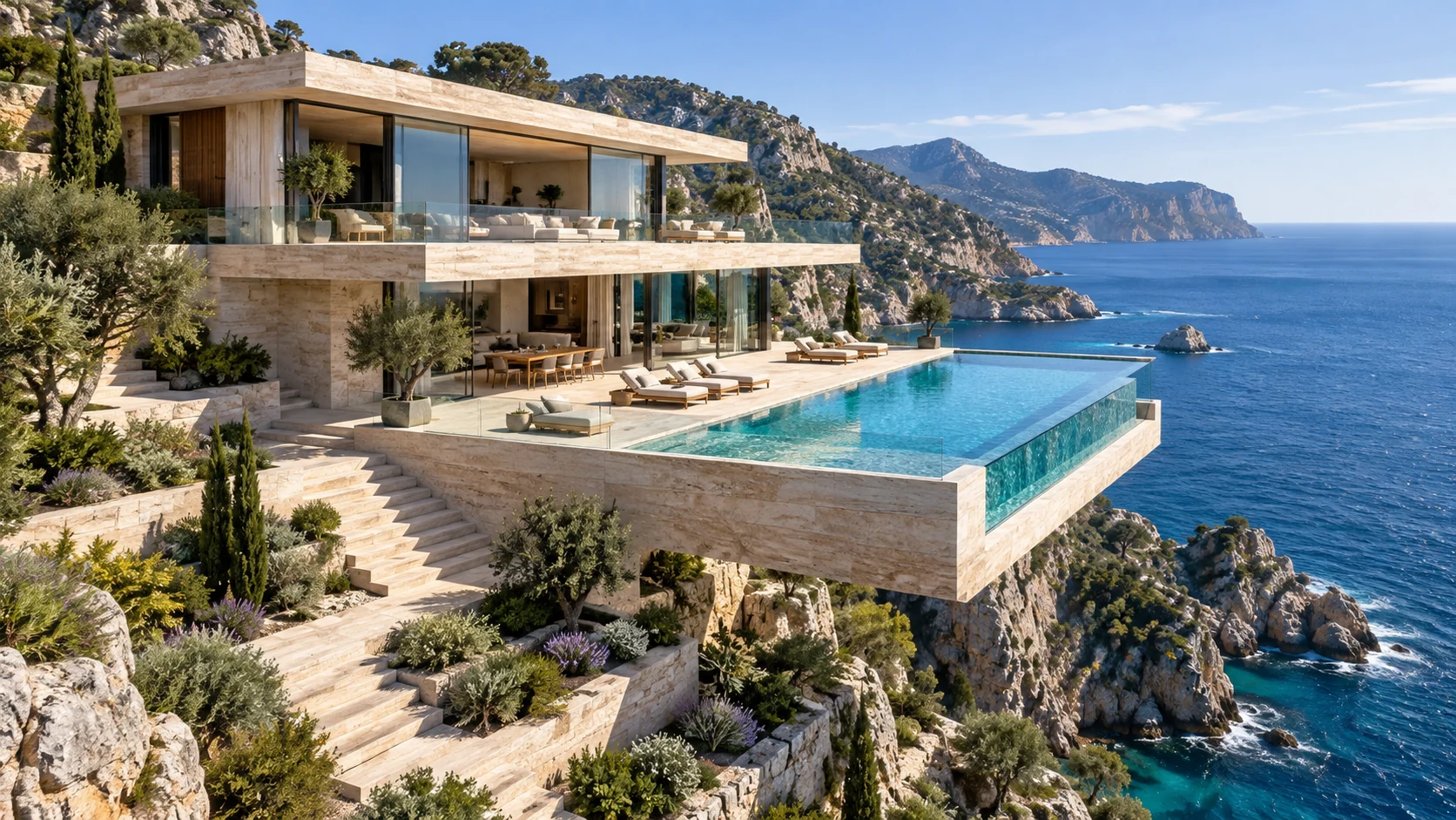 Villa Talassa. Terraces cascading towards an open sea.